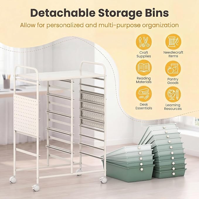 DREAMADE 15-Drawer Rolling Storage Cart, Craft Cart, Gradient Green | Mobile Utility Cart with Metal Pegboard Panels, Tabletop and Lockable Wheels for Classroom, Office, Studio and Playroom - Image 7