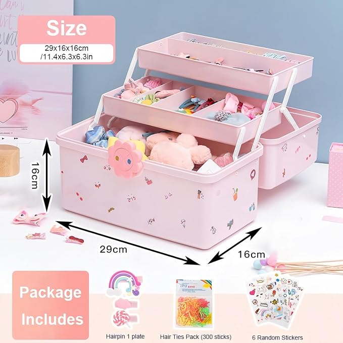 Hair Accessories Organizer for Girls Headbands, Clips, Ties Baby Girl Supplies, Lockable Three-layer Folding Craft Organizers and Storage Plastic Jewelry Box, 11.4x6.3x6.3in - Image 3