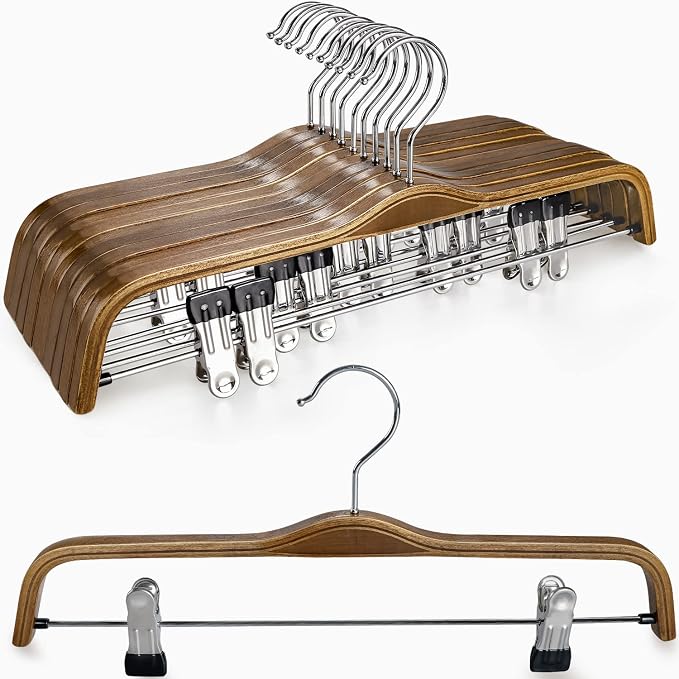 TOPIA HANGER Wooden Pants Hangers,Slim Natural Wood Skirt Hangers with Anti-Rust Hook and Adjustable Metal Clips, Perfect for Skirts,Pants,Slacks-10 Pack-CT17A by TOPIAHANGER