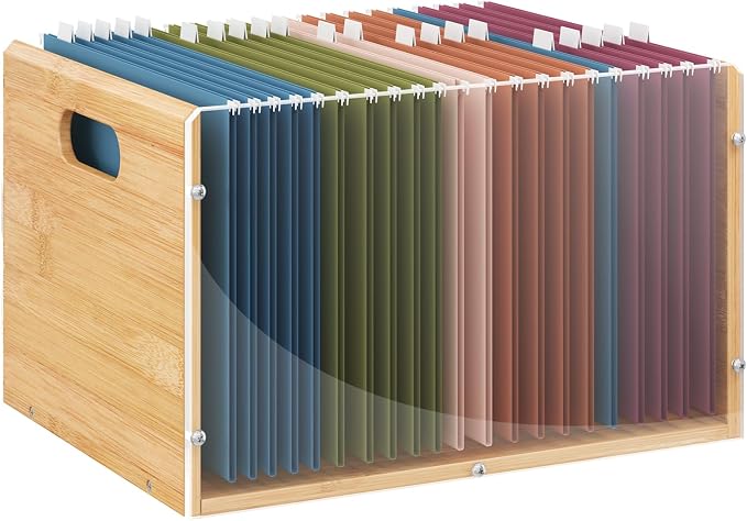 Sbanmao Letter/Legal Bamboo Acrylic File Box Organizer, Hanging File Folder Storage Boxes, Decorative Document Crate Transparent Filing Bin with Handle for Home Office Desk by shengbaomaoyi