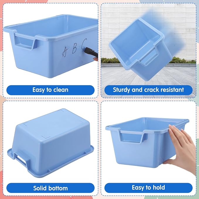 Thyle 12 Pieces Plastic Cubby Bins with Labels Classroom Book Bins Stackable Storage Container Durable Toy Storage Organizer Baskets for School Classroom Office (Handle,Morandi Color2) - Image 3