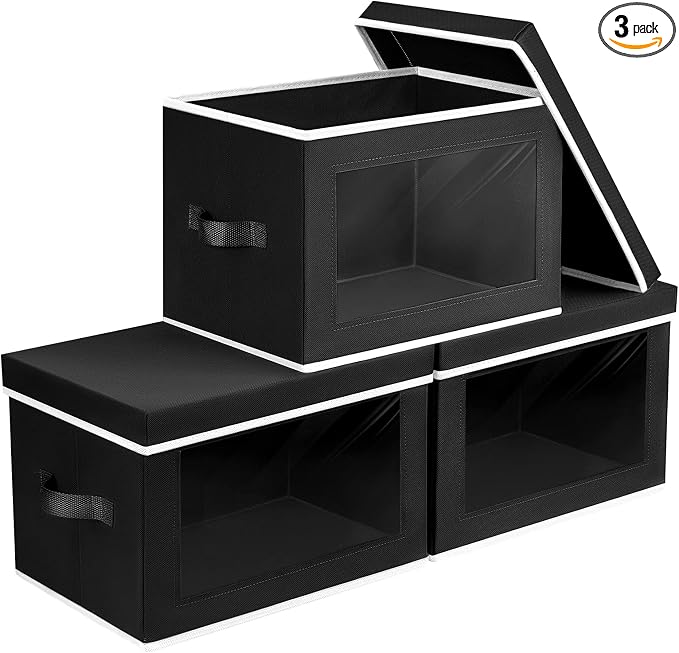 Storage Boxes with Lids, Collapsible Storage Bins with Handles, Closet Storage Baskets with Window, Fabric Storage Containers for Organizing Clothes, Towels, Books, 3 Packs, Black by Homsorout