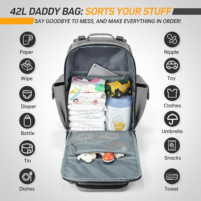 SHARKMOUTH Baby Diaper Bag for Dad - Large Military Daddy Gear Backpack with Changing Pad for Travel Camping Hiking - Newborn Baby Shower Gifts Gray - Image 6