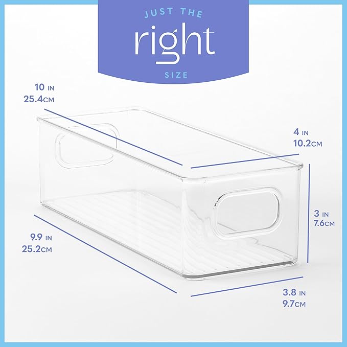 Plastic Food Storage Clear Container 2 Pack Bin with Handles for Organizing Kitchen, Pantry, Refrigerator, Freezer, Pantry, Cabinet, Closet, Bathroom. Stackable 10”x4”x3” - Image 3