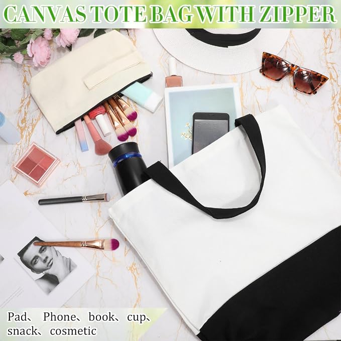 Sanwuta 30 Pcs Canvas Tote Bags Bulk with Zipper Cosmetic Pouch,Black | 18.5" Reusable Cotton Shopping Bag with Handle for DIY Craft - Image 5