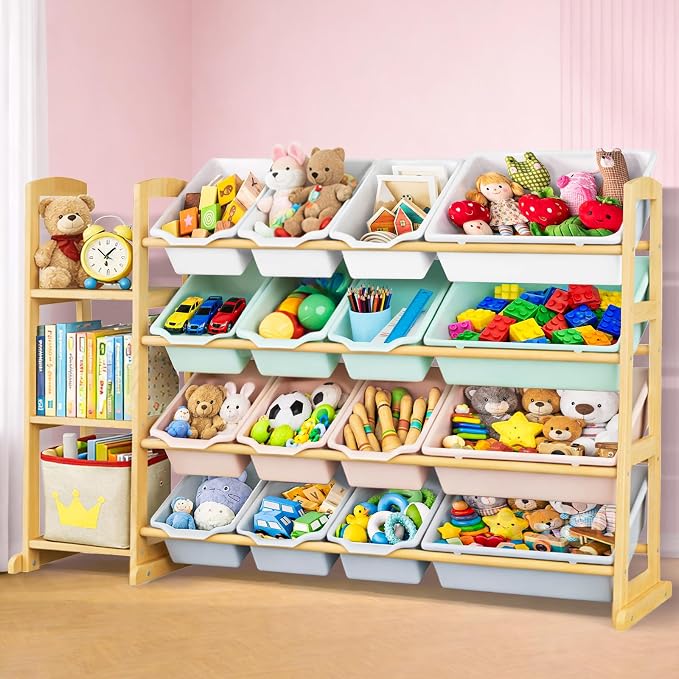 Kids Toy Storage Organizer with Bookshelf – Wooden Shelf with 16 Bins & 3 Shelves, Quick Assembly Storage Rack for Playroom, Bedroom, Nursery– Colorful by KidsToyStorageOrganizer