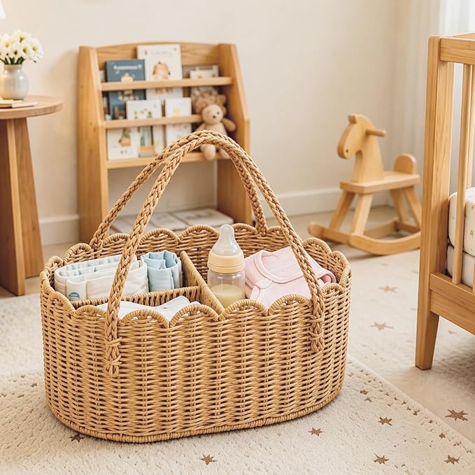 Sanwarm Diaper Caddy Organizer Rattan Divided Storage Basket Rattan | Portable Car Organizer for Diapers, Baby Shower Gifts, Newborn Essentials Must Haves - Image 5