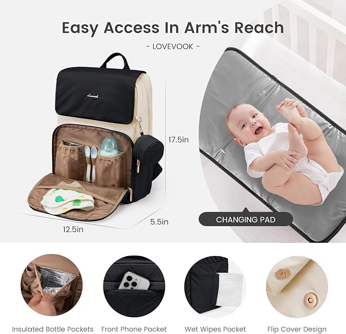 LOVEVOOK Diaper Bag Backpack, Baby Travel Bags for Boys & Girl, Toddler Waterproof Diaper Bag w/Changing Pad (Black, 15.6''-Small) - Image 7