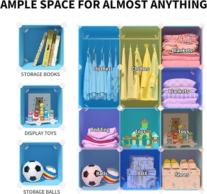 VIPZONE Baby Dresser, Kids Closet Organizers, Portable Kids Wardrobe for Closet, Bedroom, Nursery, Cubby, Cabinet, Clothes, Dress, Baby Storage Shelf, Armoire Clothes Hanging (Blue) - Image 7