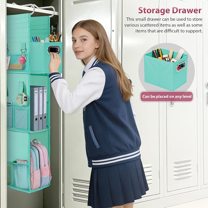 3 Shelf Hanging Locker Organizer with Side Pockets, Dark Green | Durable Oxford Fabric, Deep Shelves 9 in x 7 in, Adjustable Locker Shelf from 3 to 2 Shelves for School Locker, Gym, Closet - Image 5