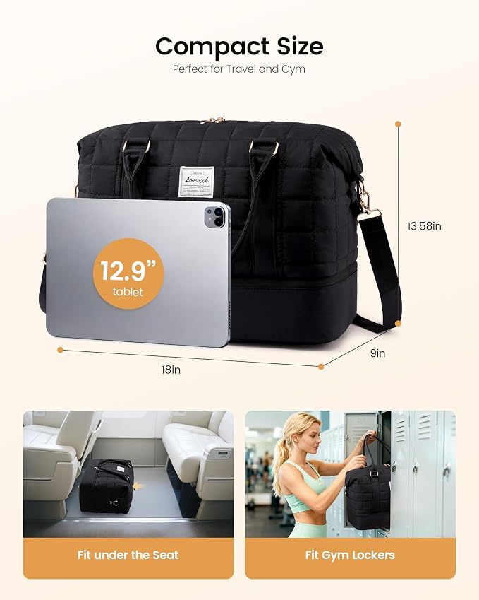 LOVEVOOK Travel Duffel Bag - Versatile Weekender Bag for Women, Puffer Carry On & Overnight Bag for Short Trips, Black - Image 3