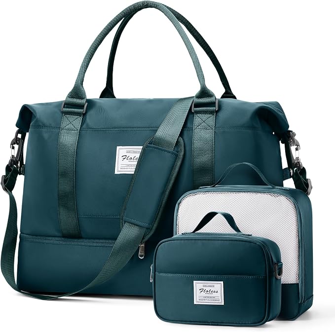Large Weekender Bags for Women, Travel Duffel Bags with Shoe Compartment,Personal Item Travel Carry on Overnight bag for women Travel 3PCS,Peacock Blue by SUNMOP