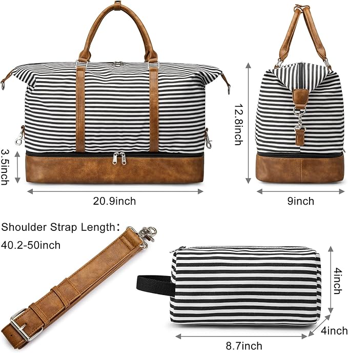 S-ZONE Weekender Bags for Women and Men Travel Duffel Bags with Shoe Compartment Overnight Carry on Duffle Tote Bag | Soft Canvas and Leather Trim, with Toiletries Bag,Carry-on Size,Trolley Sleeve,Adjustable Shoulder Strap,Shoe Compartment - Image 5
