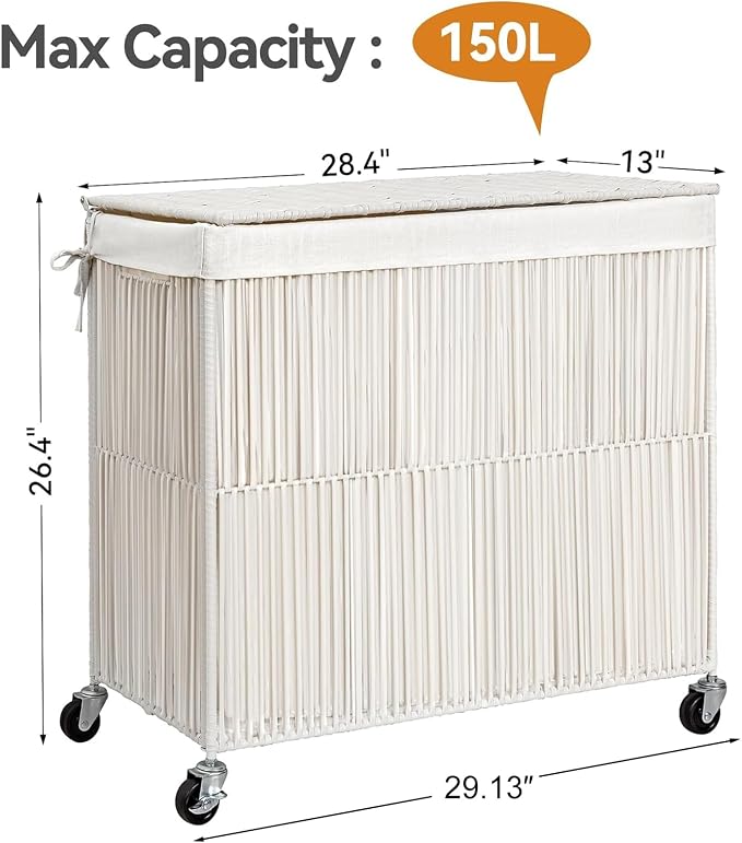 WOWLIVE Laundry Basket 3 Section, Handwoven Laundry Hamper with Wheels | Rolling Clothes Hamper with Lid and Divided Removable Bag, 160L Large Laundry Sorter, Laundry Room Organization, Creamy White - Image 4
