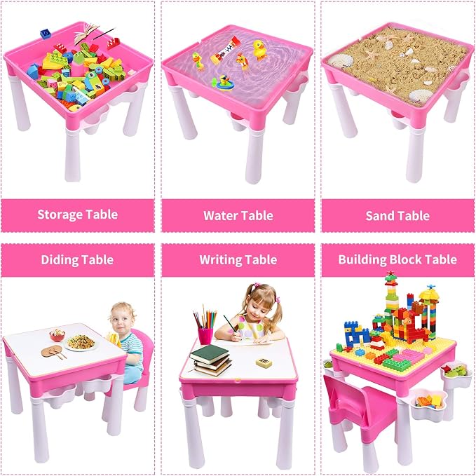 burgkidz Toddler Building Table Set: 1 Chair 128 Blocks 4 Storage Bin Pink | Leakproof top sand/water. Sturdy ABS, smooth edges. 4 storage bins (1/leg) & 128 bricks. Ideal 3+ yrs. Great gift - Image 2