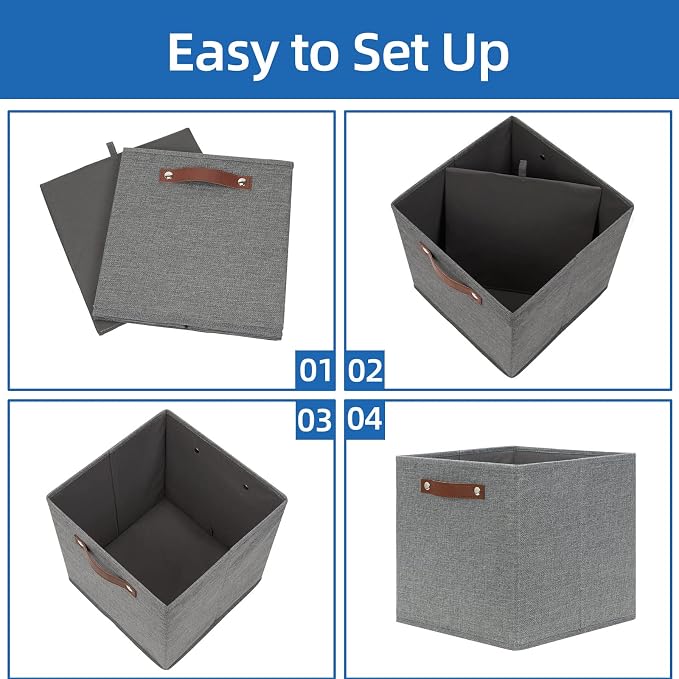 Temary 12x12 Storage Cube Bins 4 Pack Fabric Storage Cubes Storage Bins with Leather Handles, Storage Baskets Foldable Cube Organizers Bins for Home (Grey) - Image 7