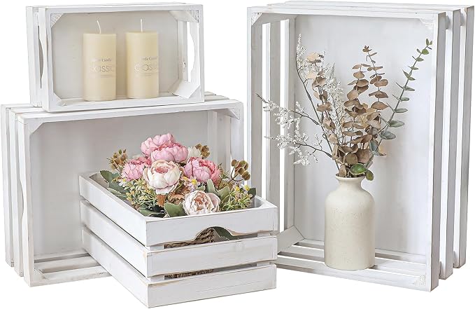 Set of 4 Large Wooden Decorative Storage Crates, Whitewashed Nesting Wooden Crates for Display Rustic, Farmhouse Wood Storage Container Boxes Made from 100% Wood by JUMBOHUMBLE
