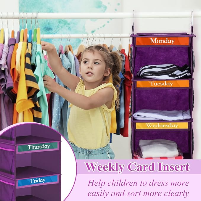 2 Pcs 6 Shelf Hanging Weekly Clothes Organizer for Kid,Purple | Closet Organization, Hanging Closet Shelves with Side Pockets, Labeled Shelves with Days of The Week Monday Through Weekend - Image 5