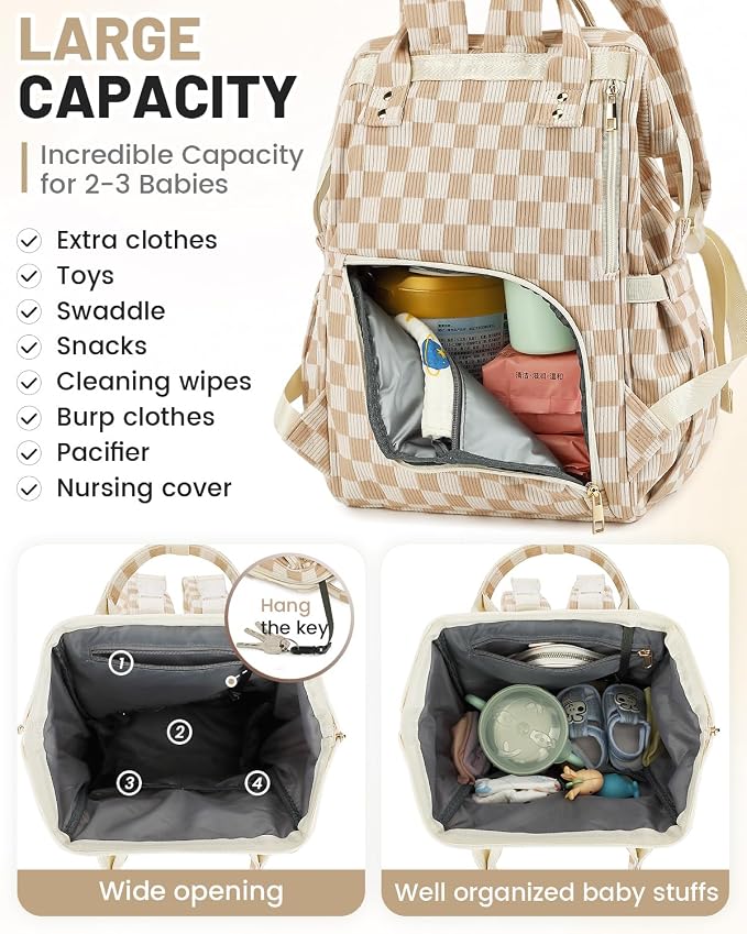 Corduroy Diaper Bag Backpack, Large Capacity Multifunction Baby Diaper Bags for Women, Insulated Bottle Pockets & Pacifier Case, Stylish Travel Nappy Changing Bags for Mom Dad (Checkered Brown) - Image 4