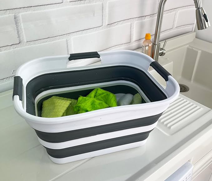 SAMMART Set of 2 Collapsible Plastic Laundry Basket/Organizer-Washing Tub-Foldable Pop Up Storage Container-Space Saving/Portable Hamper. Ideal for Home, Travel, Dorm & Camping (White/Steel Grey, 19L) - Image 6