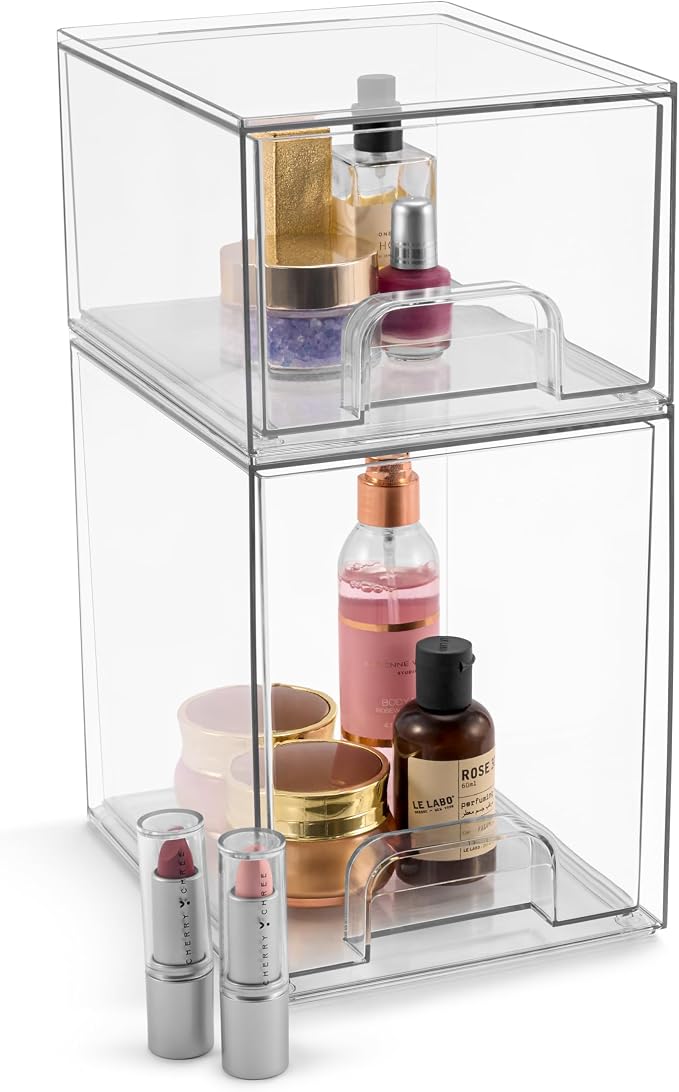 Sorbus Clear Stackable Storage Drawers (2 Pack, 7.6'' and 4.4'' Tall) | Acrylic containers with pull-out bins keep cosmetics, brushes and daily items sorted on bathroom counters or in cabinets. - Image 8