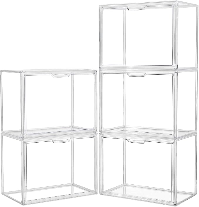 LXLXXL Acrylic Box Display Case, 5-Pack XL Stackable Storage Bins with Lid | Stackable Storage Bin X-Large 5 Pack, Clear Acrylic Display Case With Magnetic Lid, Dustproof Showcase for Figures Cosmetics by LXLXXL