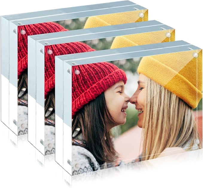 ILYXY 3 Pack Acrylic Frame 8x10, 20% Thicker, 24mm Thick Frameless Clear Picture Frame, Double Sided Magnetic Photo Frame, Free Standing Desktop Display Stand Acrylic Picture Frames by ILYXY
