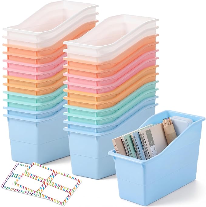 Blosssound 24 Set Book Bins for Classroom Stackable,Cloud Pastel | Plastic Baskets with Labels, Slanted Front, Library Supplies Organizers, Desktop Storage Bins, Teachers Home School Use by Blosssound