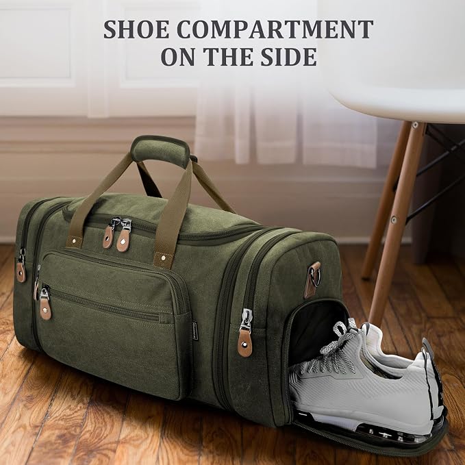 Gonex Canvas Duffle Bag, Expandable 60L Travel Overnight Weekender Bag | for Men, with Shoe Compartment, Multiple Pockets, Tear-Resistant, Durable Zippers, Detachable Strap, Army Green - Image 3
