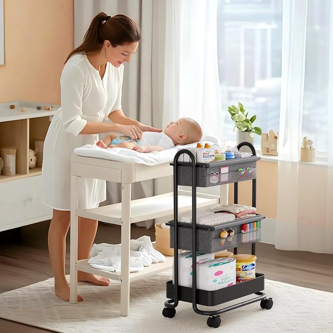 Modanais Baby Diaper Caddy Organizer Cart - 3 Tier Rolling Cart, Black | Lockable Wheels, Baby Essentials Nursery Storage, Detachable Dividers - for Crib, Bedroom, Art & Craft Organizer - Image 8