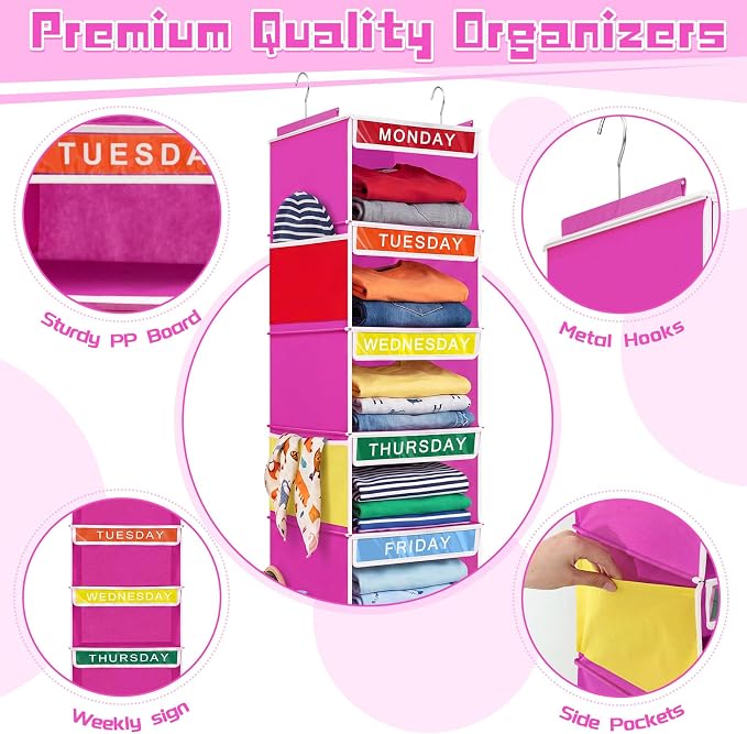 2 Pcs 7 Shelf Weekly Clothes Organizer for Kids Hanging Closet Organizer 11. 8 x 11. 8 x 50 Inch Daily Activity Kids Clothes Storage Drawers Cube Drawers Closet Hanging Shelves(Rose Pink) - Image 3
