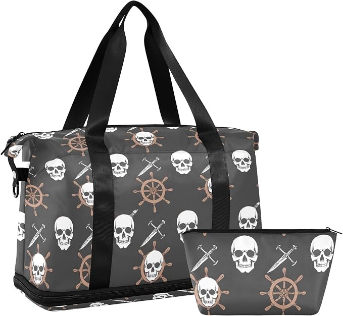Travel Duffel Tote Bag Gothic Skull Pirate Sports Duffel Bag with Wet Pocket Weekender Overnight Bag for Women Men Gym Bag, Carry On Bag Hospital Bag for Labor and Delivery - Image 7