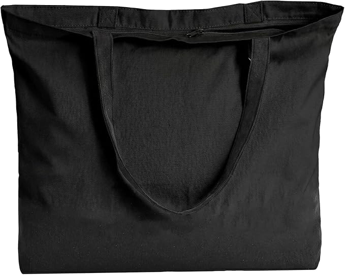 1 Pack Canvas Tote Bag with Zipper, Large Grocery Tote, All Black | Reusable, washable, inner pocket, flat bottom, sturdy handle, for sublimation DIY/transfer, travel/beach/gift/Christmas craft by HWJH