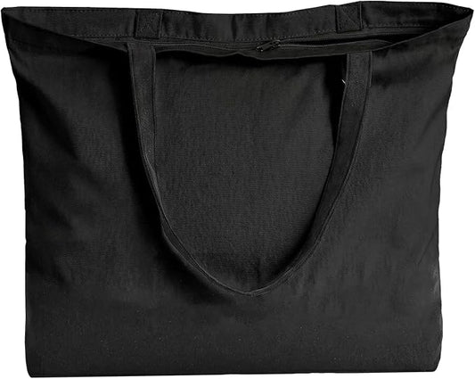 1 Pack Canvas Tote Bag with Zipper, Large Grocery Tote, All Black | Reusable, washable, inner pocket, flat bottom, sturdy handle, for sublimation DIY/transfer, travel/beach/gift/Christmas craft by HWJH