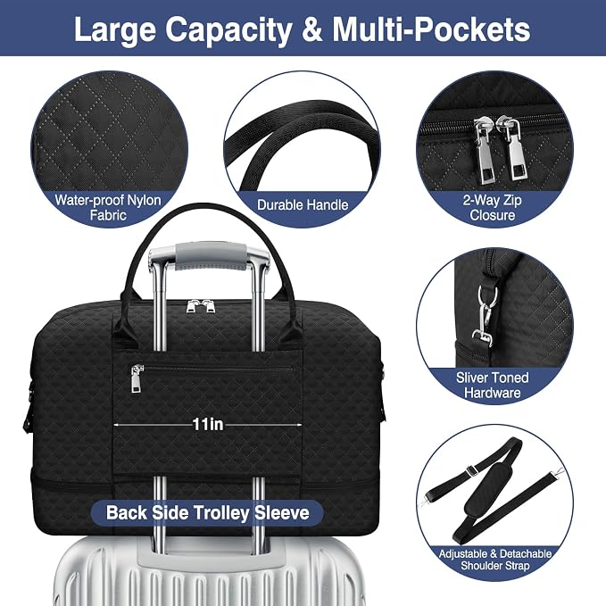 ITIEZY Weekender Bag for Women 21.5" Travel Duffel Large Carry On Bag 3PCS | Nylon Duffel Bag with Waterproof Shoe Compartment, Crossbody Bag and Toiletry Bag, Travel Weekend Hospital Overnight Gym Bag - Image 5