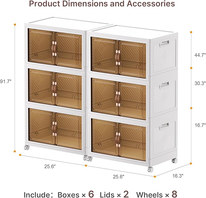 Stackable Storage Bins with Lids, 720QT Lockable Storage Cabinet | Closet Organizers, Foldable Storage Box with Doors and Wheels, Plastic Drawers for Home, Garage, Office (6, White, Large) - Image 2