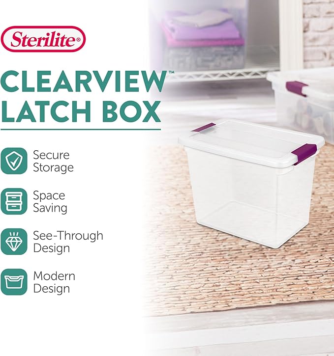 Sterilite ClearView Latch Boxes, Storage Bins with Lids, 27 Quart, 12-Pack | Clear Plastic Organizers with Color Accent Latches for Closet, Bedroom, Shelving Units, Dorm Room and Home Organization - Image 3