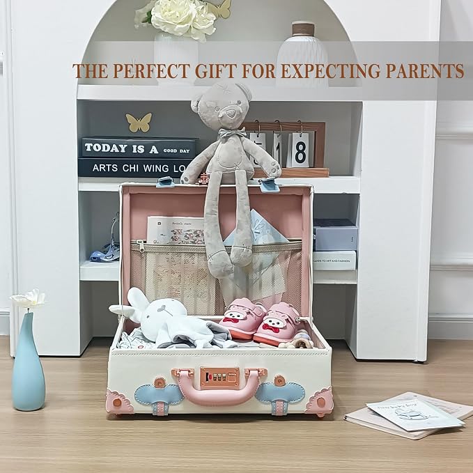 Unitravel Baby Keepsake Case, 16" Handmade Memory Storage Box, Newborn Keepsake Box, Vintage Suitcase for Baby Shower, Baptism, Naming Ceremony or Birthday (cream white) - Image 3
