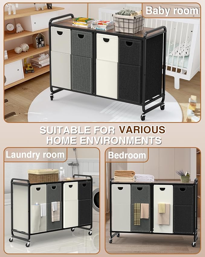 Laundry Sorter 4 Section,Laundry Basket with Wheels,4×15.8 Gal (60L) Laundry Hamper Organizer with Large Wooden Desktop Sorter,Pull-Out and Removable 900D Oxford Fabric Laundry Bags for Laundry Room - Image 7