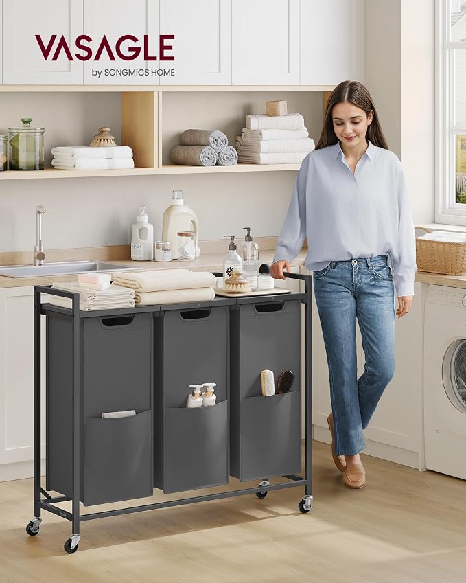 VASAGLE Laundry Sorter, 43.5 Gal. (165 L) Laundry Hamper Basket with 3 Compartments, Rolling Cart with Wheels, Shelf, Removable Bags, Pockets, Slate Gray and Charcoal Gray UBLH031G01 - Image 2