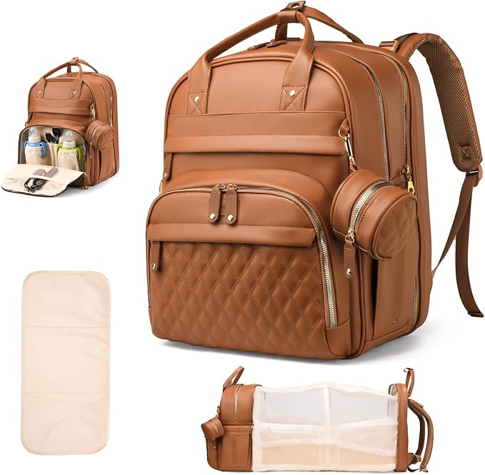 Diaper Bag Backpack with Changing Station, Waterproof for Travel, Vegan Leather, Brown by CESAILT