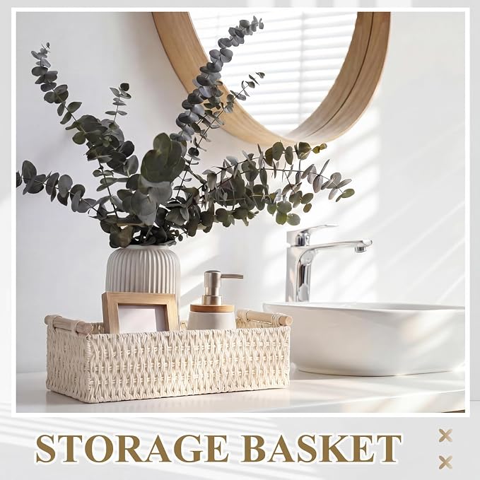 Boao 3 Pcs Boho Storage Wicker Baskets Handmade Woven Decorative Paper Rope Baskets for Organizing with Handle Countertop Toilet Paper Storage Container for Toilet Tank Top (Beige,Rectangle) - Image 4