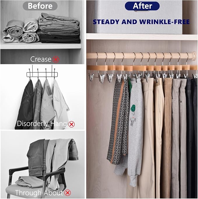 Amber Home 24 Pack Natural Wooden Pants Hangers with Adjustable Clips, 14" | Wood Skirt & Trouser Hangers, Closet Hangers for Bottom, Jeans, Slacks, Shorts - Image 5