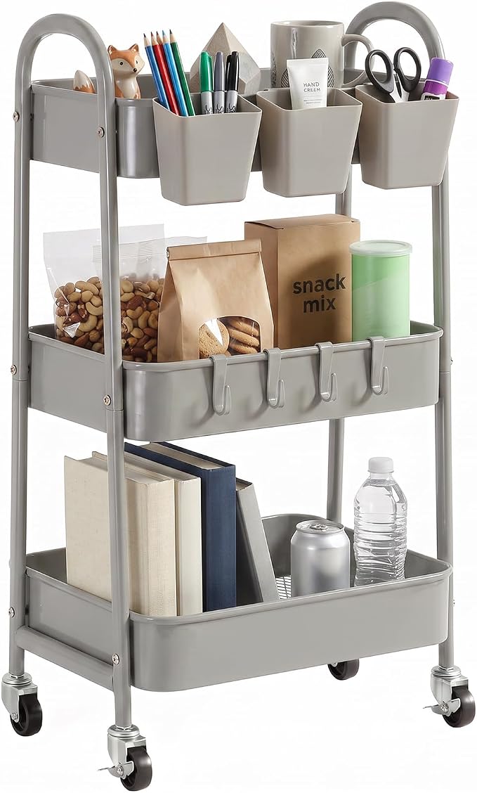 danpinera 3-Tier Rolling Cart, Metal Rolling Storage Cart with Lockable Wheels & Hanging Cups & Hooks, Mobile Trolley Cart for Kitchen, Bathroom, Office, Workshop, Gray by danpinera