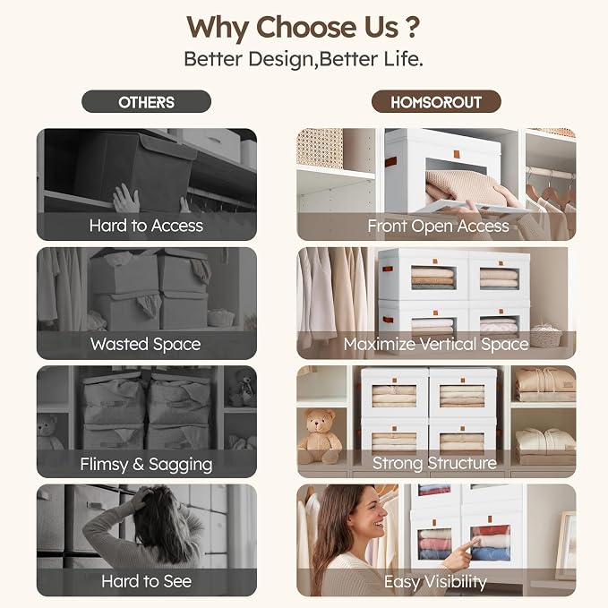 Storage Bins with Lids - Front Opening Storage Box with Clear Window & Handles, Stackable Foldable Fabric Bins for Closet Organization, Clothes, Sweaters, Towels, Blankets, 3 Pack, White - Image 7