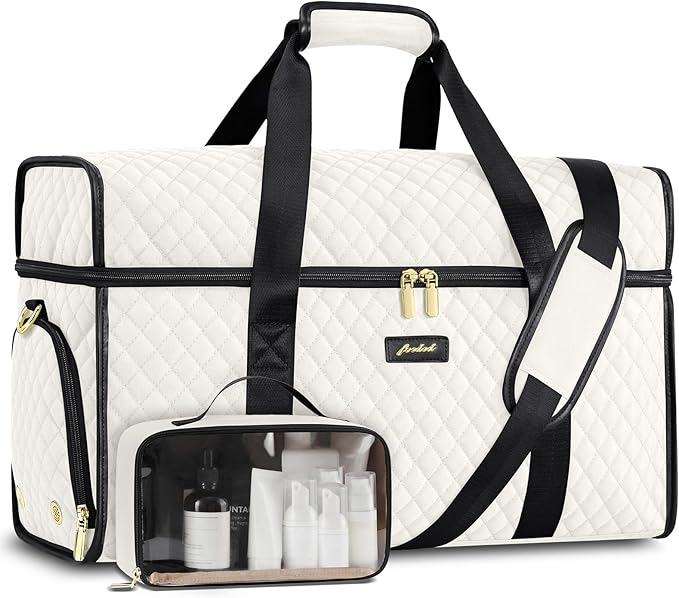 Weekender Travel Duffle Bag for Women: Overnight Bags with Shoe Compartment Carry on Bags for Airplanes with Toiletry Bag Weekend Yoga Gym Bag with Wet Pocket Travel Duffel Tote Bag Hospital Bag Beige by FOCDOD