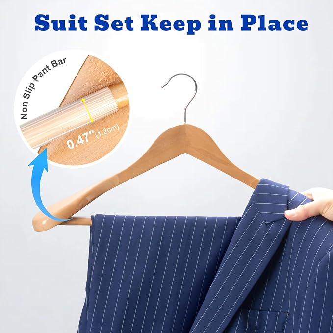 HOUSE DAY Wide Shoulder Wooden Hangers, Suit Hangers with Non Slip Pants Bar, Smooth Finish 360° Swivel Hook High-Grade Solid Wood Coat Hangers for Dress, Jacket, Heavy Clothes Hanger 6 Pack (Natural) - Image 4