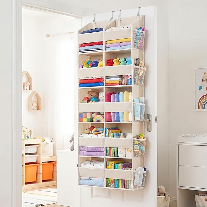 Over the Door Organizer 5 Tiers,Extra Large Behind Door Storage of 10 Compartments,80 lbs Weight Capacity Over the Door Storage, Door Hanging Organizer for Closet, Diaper Organizer, Beige - Image 6