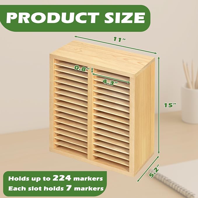 PROLEE Marker Organizer for 224 Markers, Wooden Alcohol Marker Holder with 32 Compartments, Horizontal Art Pen and Pencil Storage Rack for Desk, Classroom and Studio, Natural - Image 3