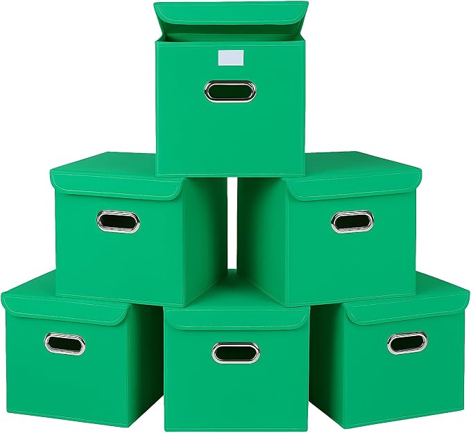 Closet Organizers Fabric Storage Bins With Lids Collapsible Cube Storage Organizer Basket With Handles,Storage Boxes for Clothes Storage,Office,Laundry,Shelves,6 Pack,（Green） by SEVENDOME